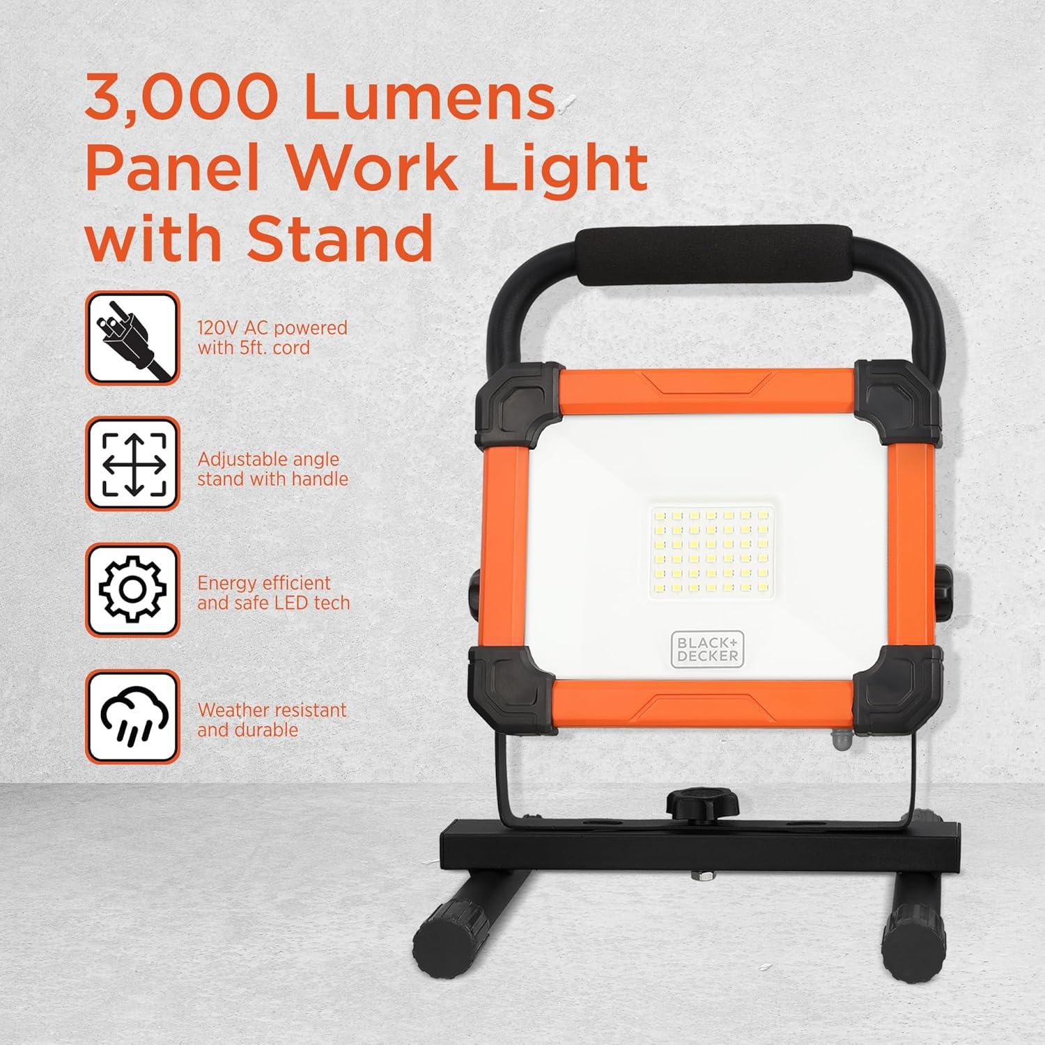 imageBLACKDECKER LED Work Light 3000 Lumens LED Panel Flood Light IP65 Waterproof Shock Resistant 120 Beam Angle ETL Certified Pivoting HStand Tripod Compatible Compact amp Portable 120V Plug