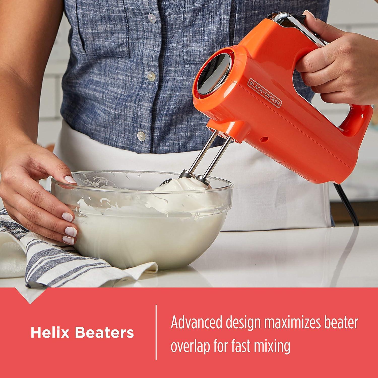 imageBLACKDECKER MX600B Helix Performance Premium 5Speed Hand Mixer 5 Attachments Case Blacktangerine