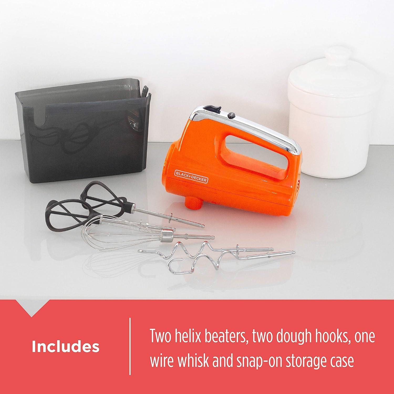 imageBLACKDECKER MX600B Helix Performance Premium 5Speed Hand Mixer 5 Attachments Case Blacktangerine