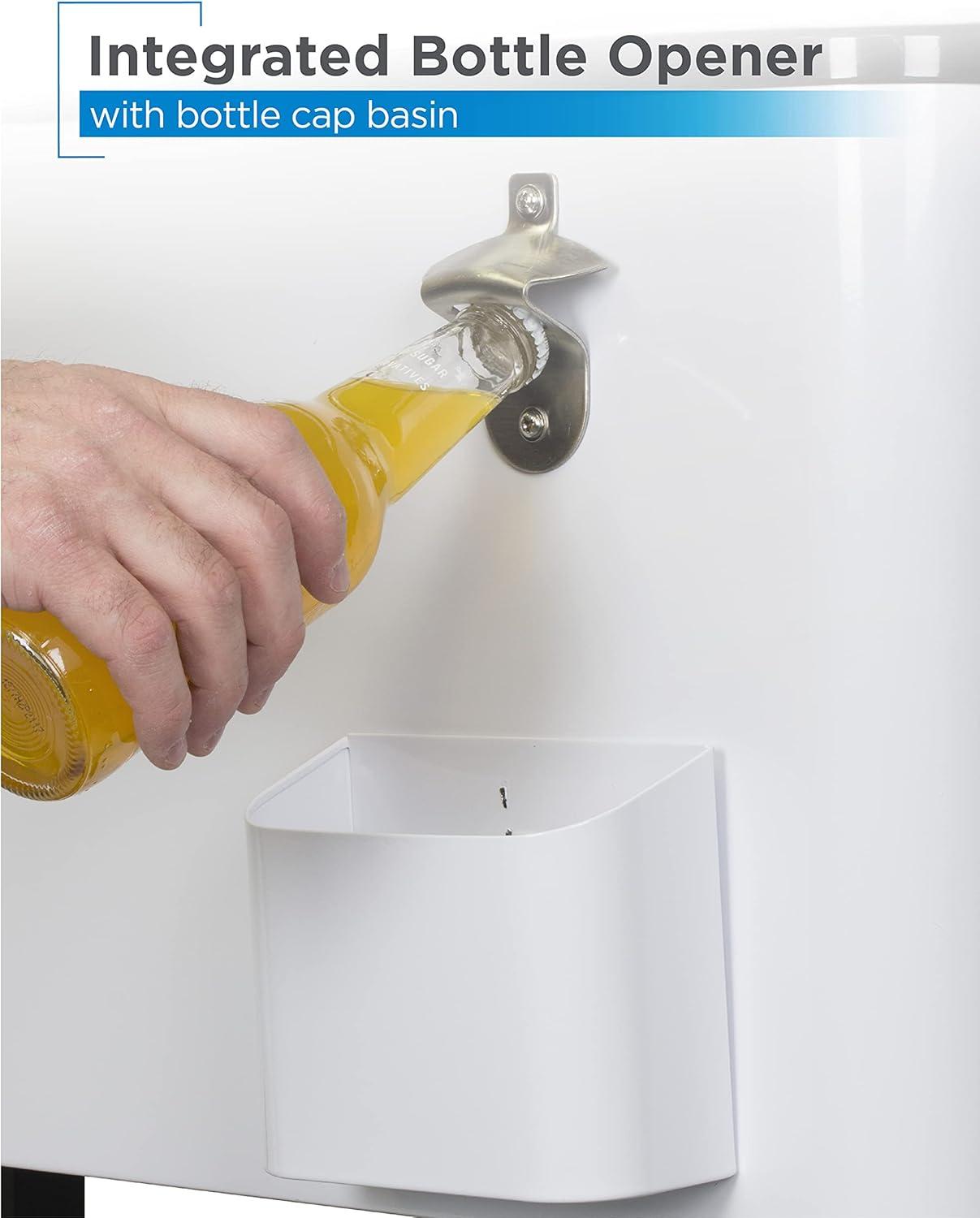 imageBLACKDECKER Mobile Cooler on Wheels 20 Gallon Insulated Rolling Cart with Stainless Steel Bottle Opener Bar Cart with Wheels and Beverage Cooler with Drain Ice Chest with Wheels White