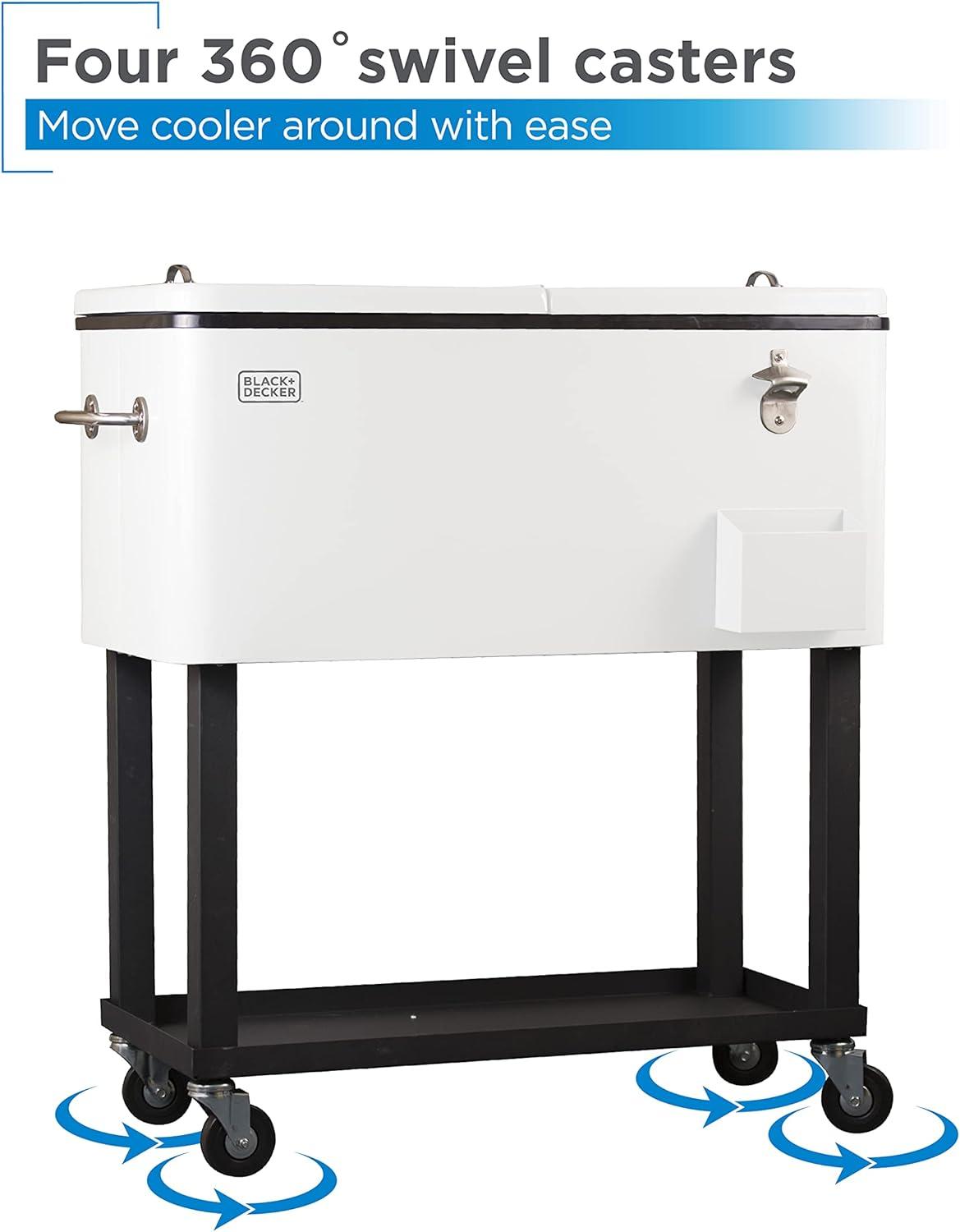 imageBLACKDECKER Mobile Cooler on Wheels 20 Gallon Insulated Rolling Cart with Stainless Steel Bottle Opener Bar Cart with Wheels and Beverage Cooler with Drain Ice Chest with Wheels White
