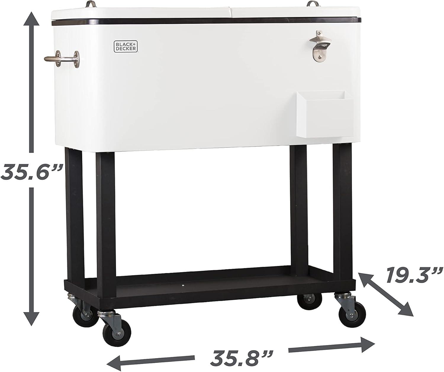 imageBLACKDECKER Mobile Cooler on Wheels 20 Gallon Insulated Rolling Cart with Stainless Steel Bottle Opener Bar Cart with Wheels and Beverage Cooler with Drain Ice Chest with Wheels White