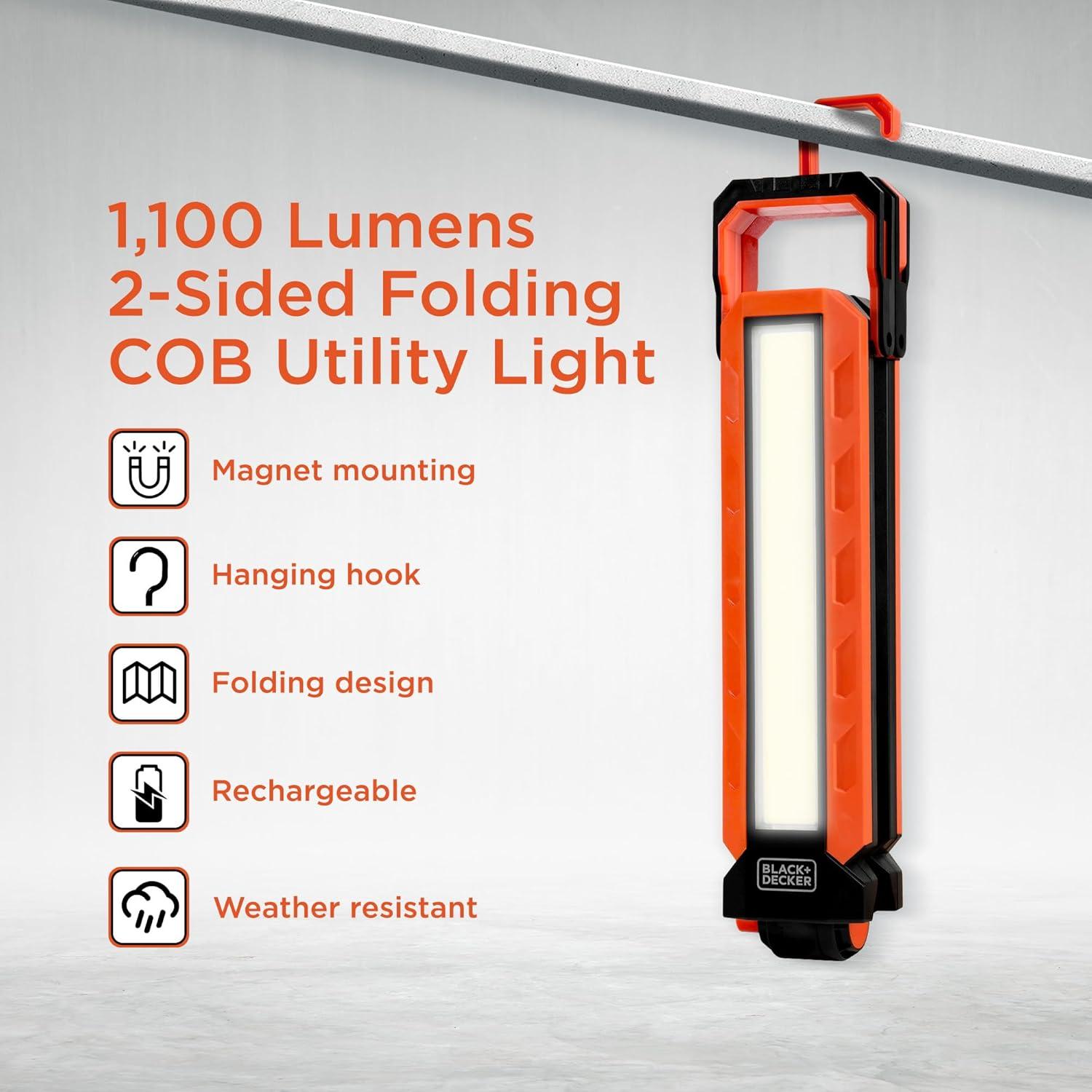imageBLACKDECKER Rechargeable Hanging LED Light 1100 Lumens Foldable DoubleSided LED Work Light 5 Modes Tripod Hook amp Magnetic Mount IndoorOutdoor IP54 WeatherResistant COB Lighting Adjustable