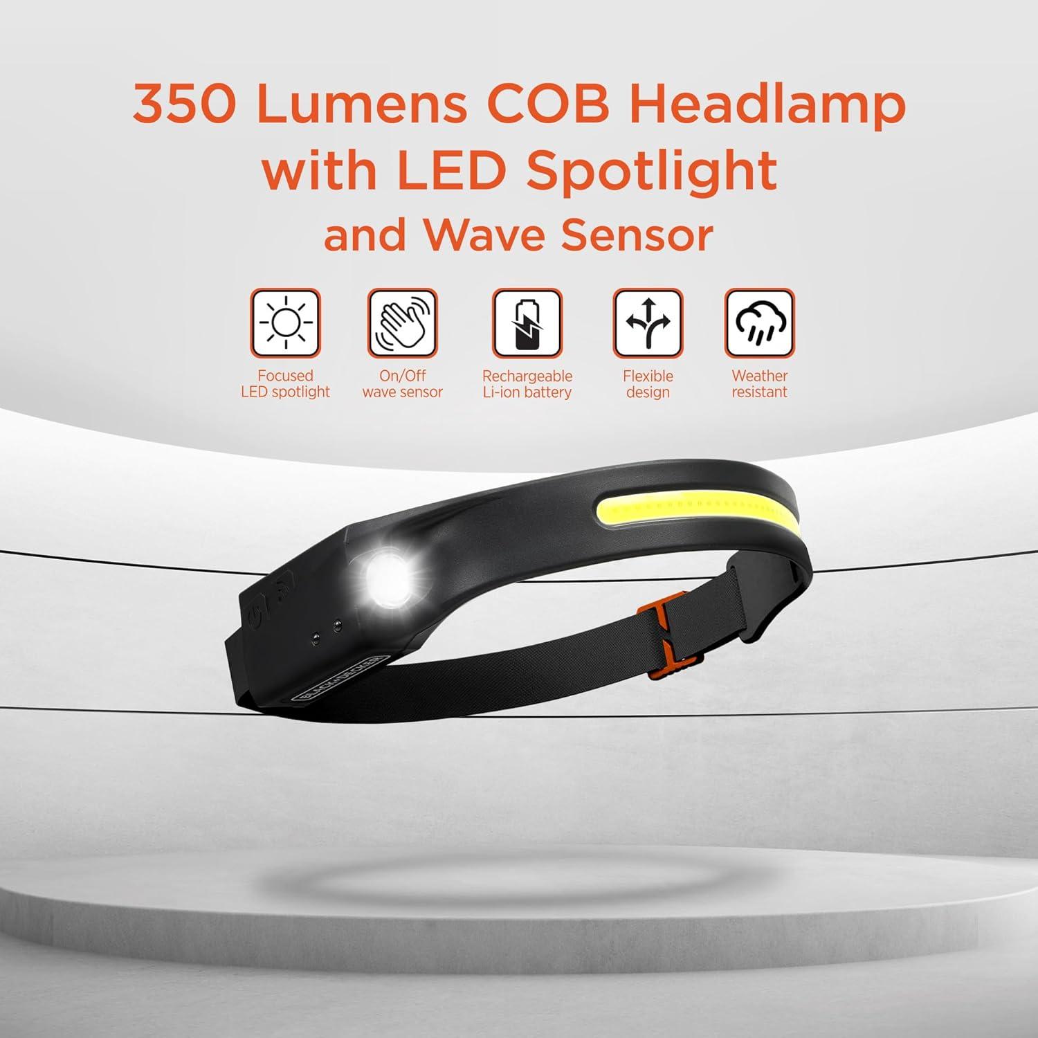 imageBLACKDECKER Rechargeable Headlamp with Flashlight amp Wave Sensor 350 Lumens LED 230 Wide Beam Head Light IP65 Waterproof 4 Brightness Settings amp SOS Mode Fits Over Helmets Head Lamp for CampingOne Pack