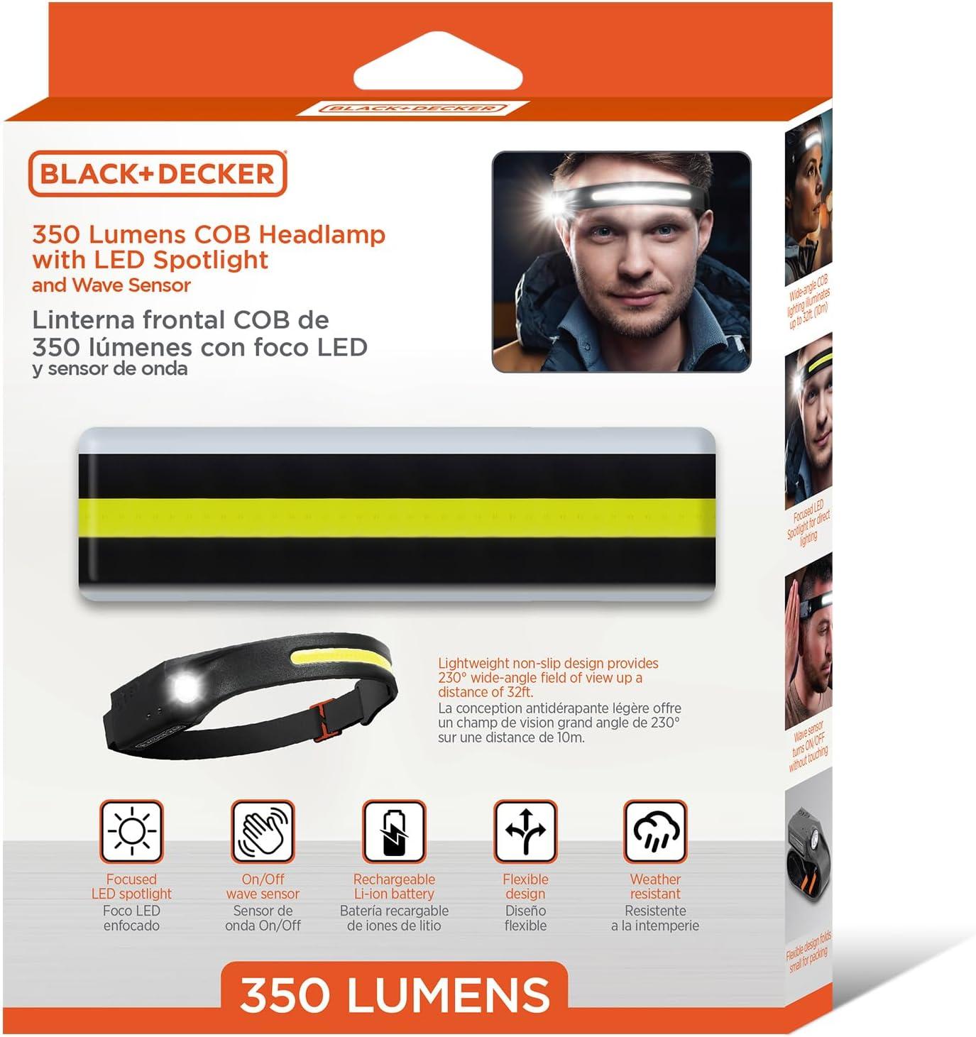 imageBLACKDECKER Rechargeable Headlamp with Flashlight amp Wave Sensor 350 Lumens LED 230 Wide Beam Head Light IP65 Waterproof 4 Brightness Settings amp SOS Mode Fits Over Helmets Head Lamp for CampingOne Pack