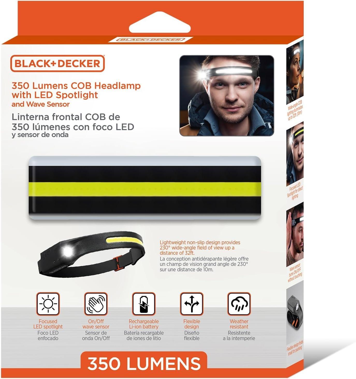 imageBLACKDECKER Rechargeable Headlamp with Flashlight amp Wave Sensor 350 Lumens LED 230 Wide Beam Head Light IP65 Waterproof 4 Brightness Settings amp SOS Mode Fits Over Helmets Head Lamp for CampingTwo Pack