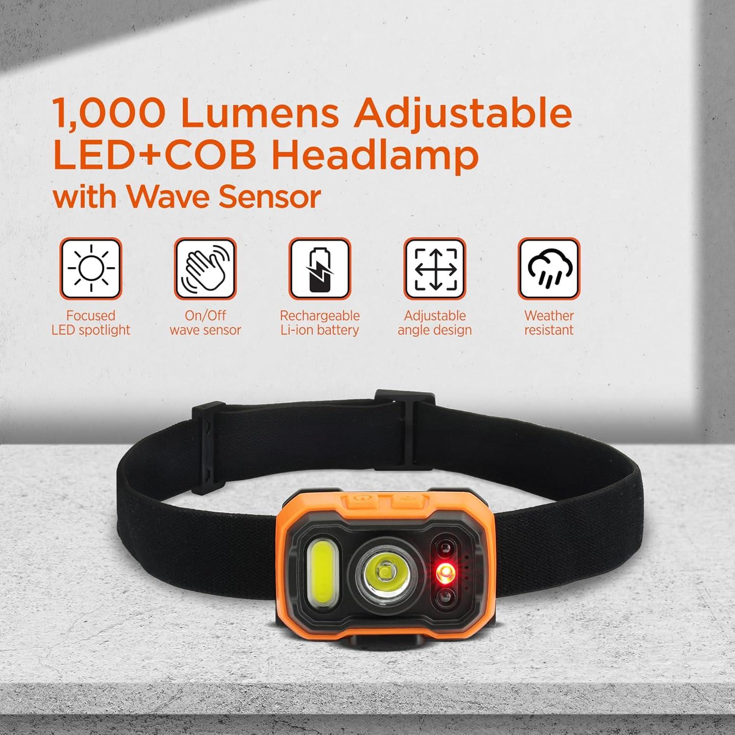 imageBLACKDECKER Rechargeable Headlamp with Wave Sensor 2Pack Ultra Bright 1000 Lumens LED Head Light 90 Tilt 7 Lighting Modes IP65 Waterproof Fits Over Helmet 14 Hour Head Lamp for CampingOne Pack