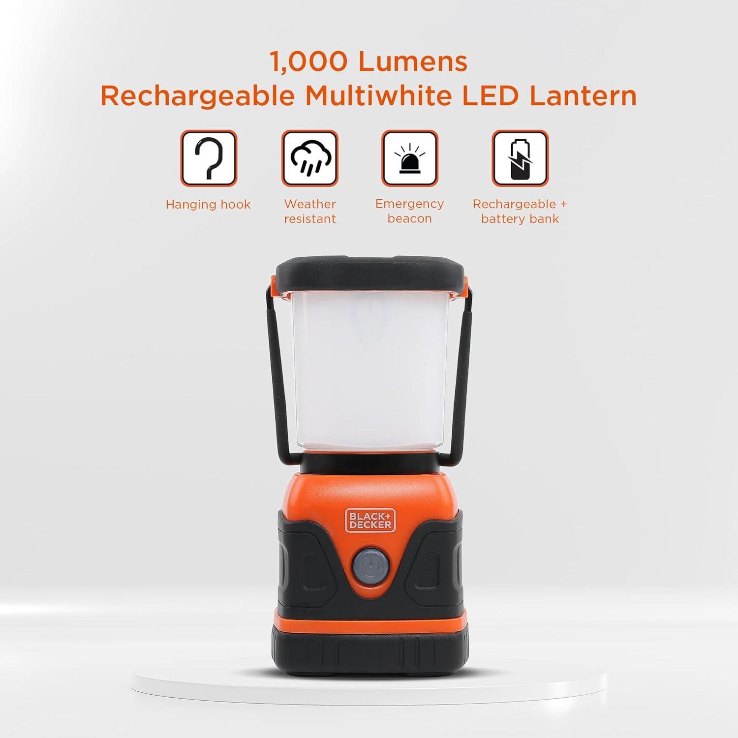 imageBLACKDECKER Rechargeable LED Lantern amp 400mAh Power Bank 1000 Lumens 360 Flashlight for Camping amp Power Outage SOS Mode 12 Hour Power Multiwhite 7 Modes IP44 WeatherResistant Folding HookOne Pack