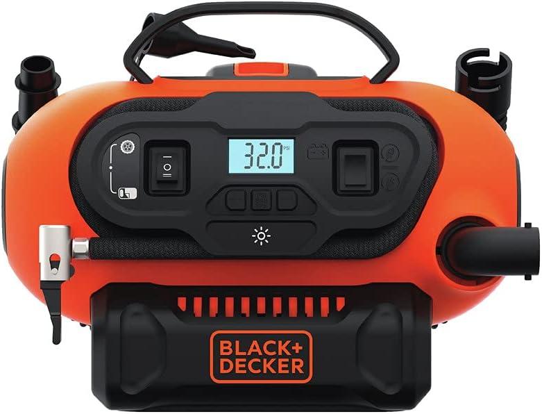 imageBLACKDECKER Tire Inflator Portable Air Compressor Air Pump for Inflatables 3 Modes Electric Outlet 12V Car Adapter and Cordless 20V MAX Battery Sold Separately BDINF20C20V Max Cordless Inflator