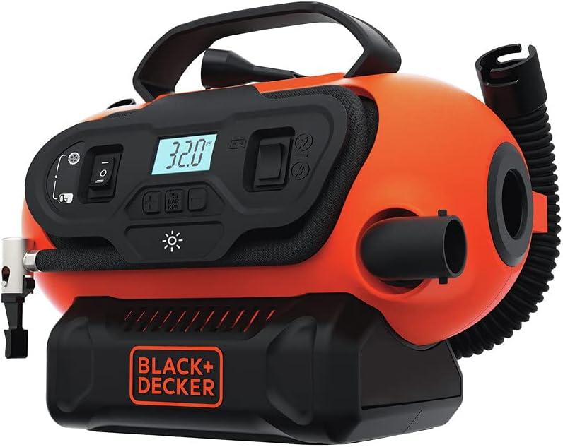 imageBLACKDECKER Tire Inflator Portable Air Compressor Air Pump for Inflatables 3 Modes Electric Outlet 12V Car Adapter and Cordless 20V MAX Battery Sold Separately BDINF20C20V Max Cordless Inflator