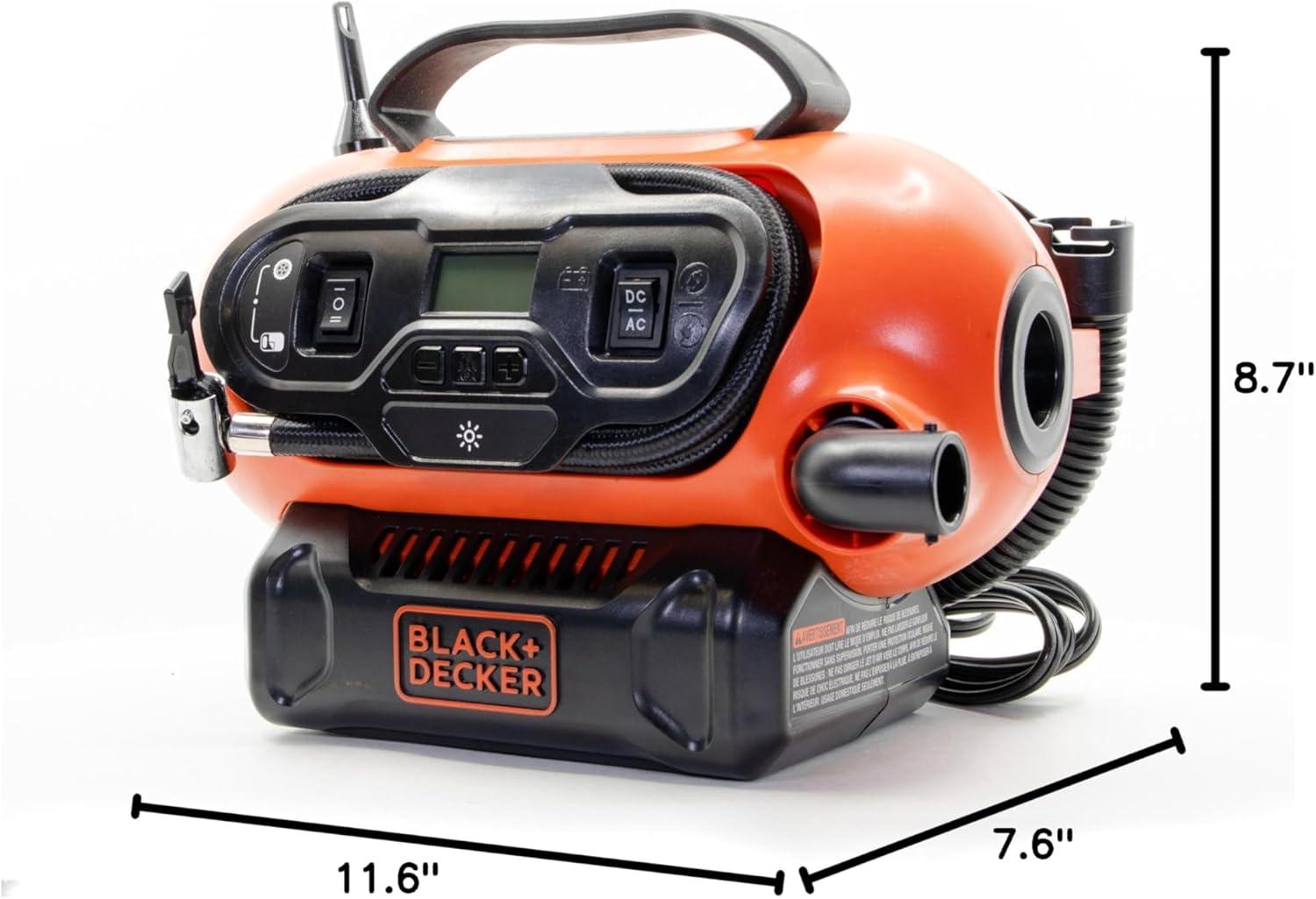 imageBLACKDECKER Tire Inflator Portable Air Compressor Air Pump for Inflatables 3 Modes Electric Outlet 12V Car Adapter and Cordless 20V MAX Battery Sold Separately BDINF20C20V Max Cordless Inflator
