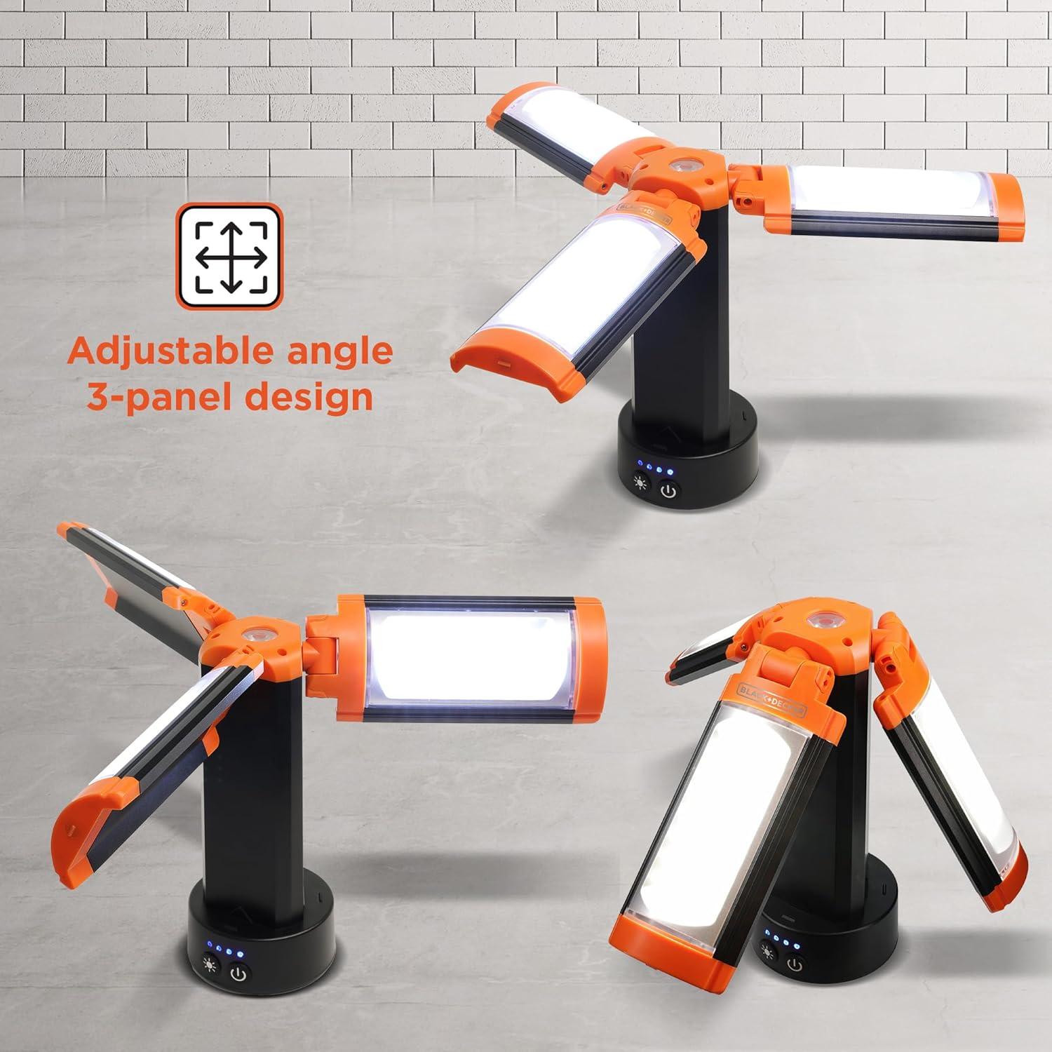 imageBLACKDECKER Utility Light Rechargeable 2000 Lumens LED 3 Panel Work Light with 6000mAh Battery Bank amp Flashlight 3 Light Colors 4 SOS Modes Dimmable IP44 WaterResistant Magnetic amp Hook Mount