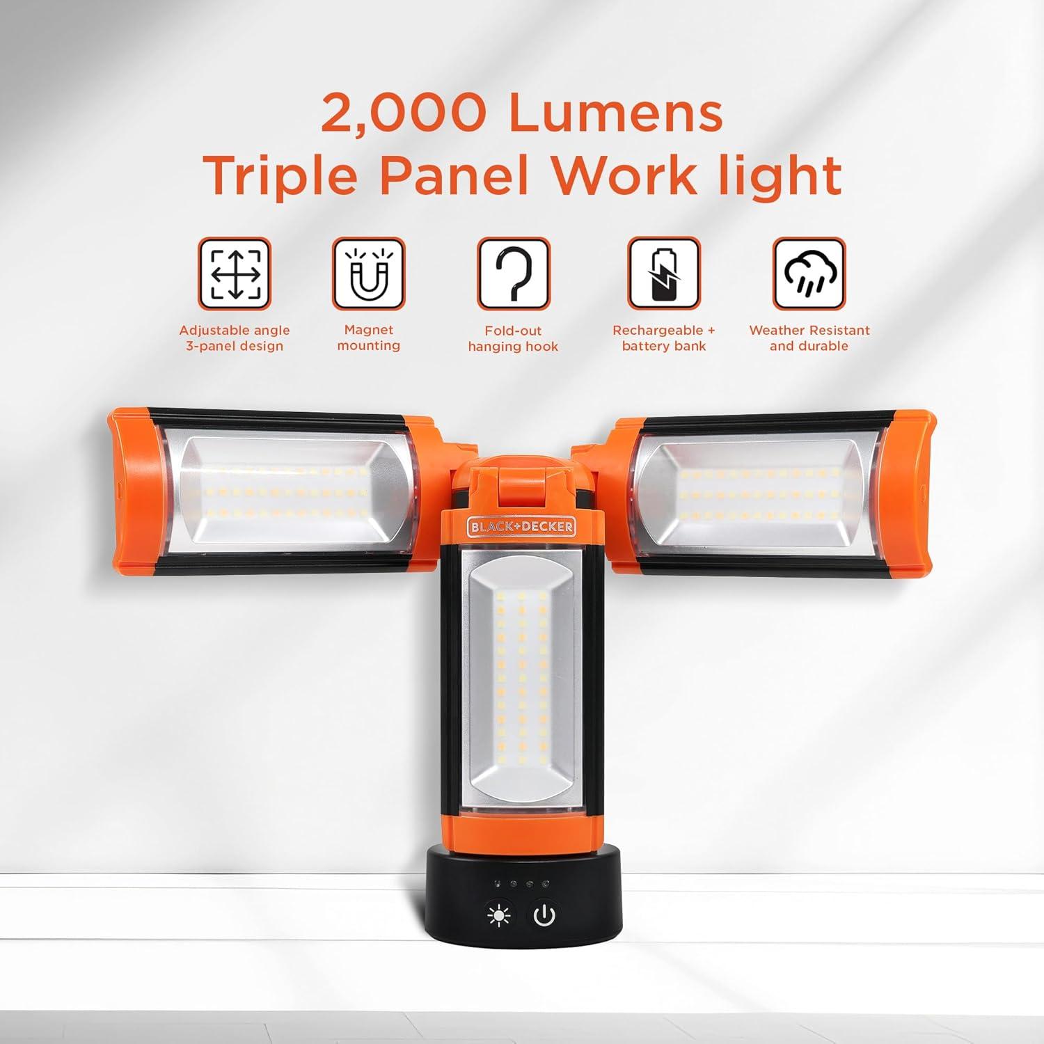 imageBLACKDECKER Utility Light Rechargeable 2000 Lumens LED 3 Panel Work Light with 6000mAh Battery Bank amp Flashlight 3 Light Colors 4 SOS Modes Dimmable IP44 WaterResistant Magnetic amp Hook Mount