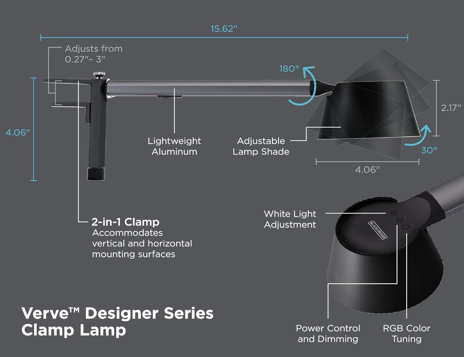 imageBLACKDECKER Verve Designer Smart Clamp Light Works with Alexa Fits Cubicles amp Headboards AutoCircadian Mode True White LED 16M RGB Colors Certified for HumansBlackGray