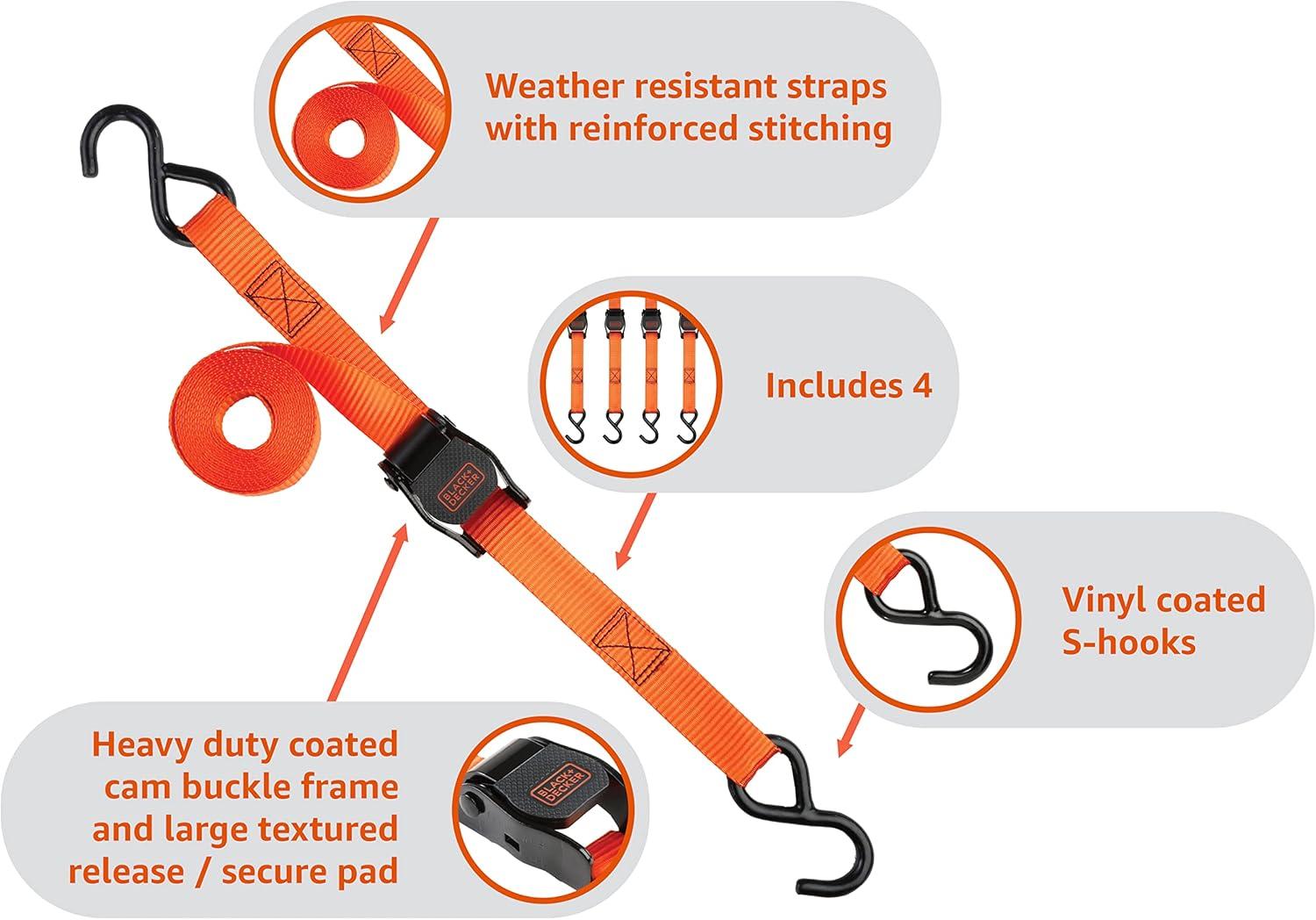 imageBlackDecker BDX1004 BlackOrange 1 x 10 CamBuckle Tie Down Straps 300 lb Safe Working Load 900 lb Break Strength 4 Pack1 x 10 Pack of 6