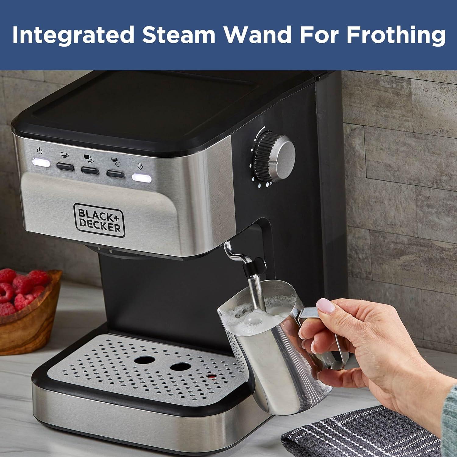 imageBlackDecker SemiAutomatic 15 Bar Espresso and Cappuccino Maker Versatile Machine with Ability to use Grounds or ESE Pods to Make Your Perfect Cup of Coffee