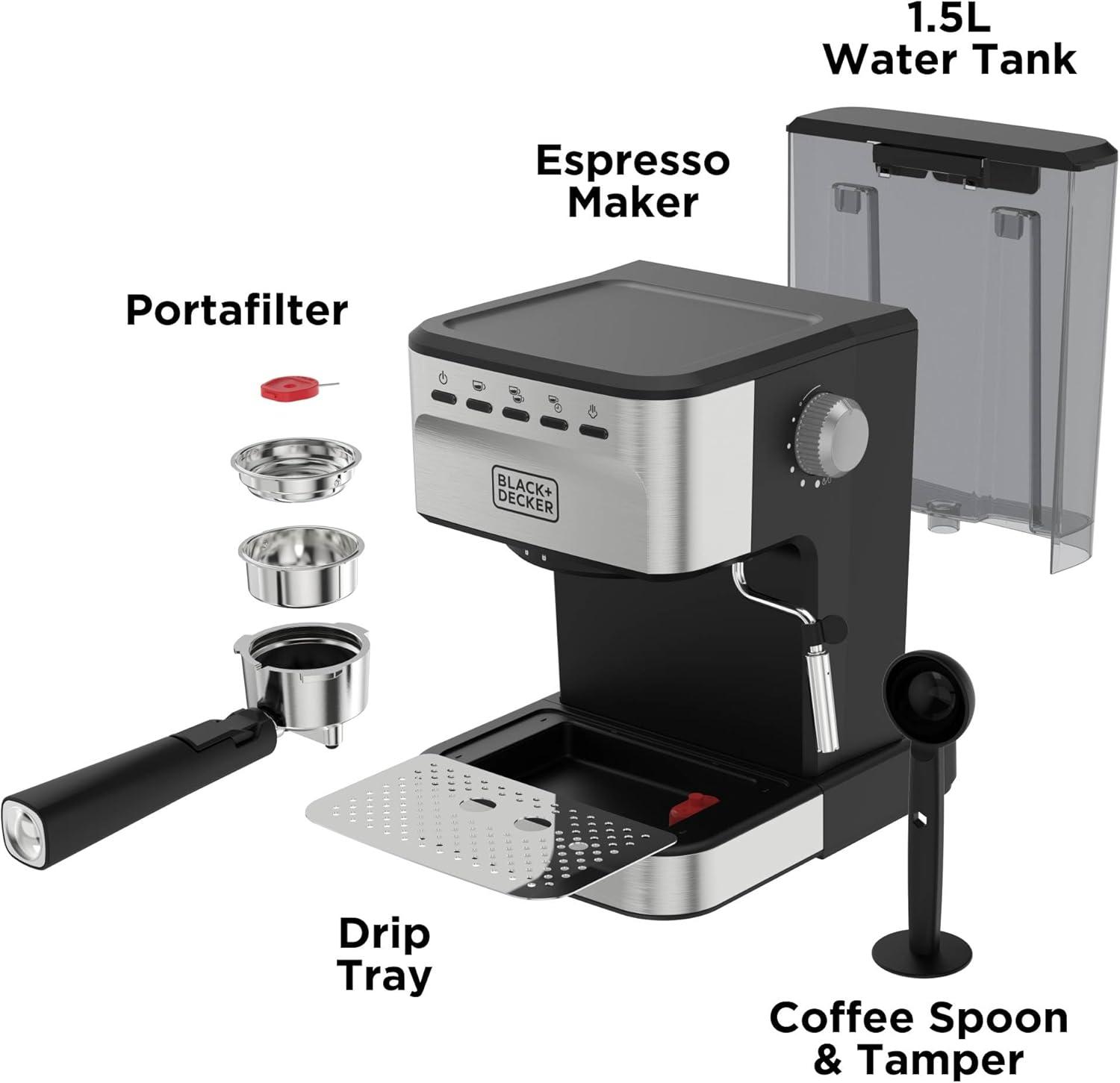 imageBlackDecker SemiAutomatic 15 Bar Espresso and Cappuccino Maker Versatile Machine with Ability to use Grounds or ESE Pods to Make Your Perfect Cup of Coffee