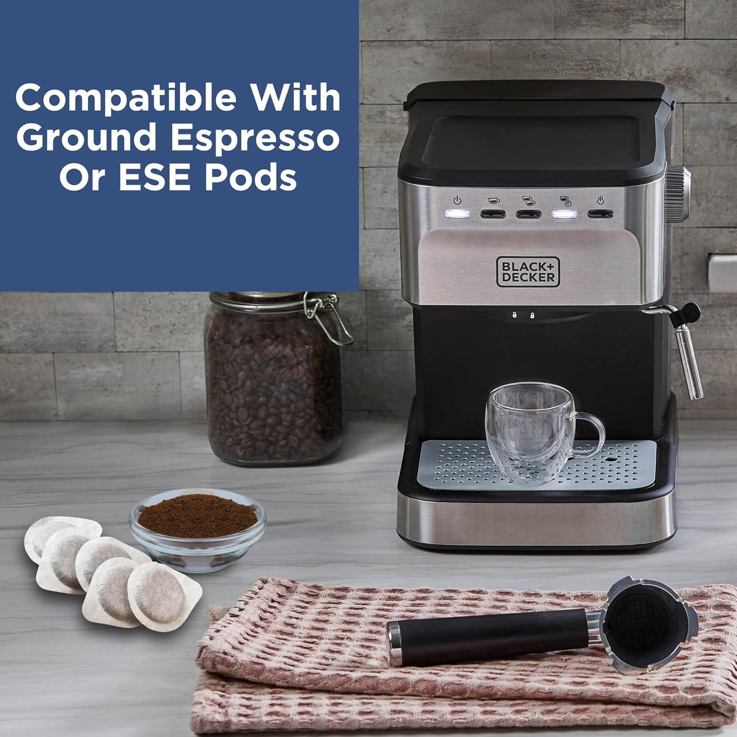 imageBlackDecker SemiAutomatic 15 Bar Espresso and Cappuccino Maker Versatile Machine with Ability to use Grounds or ESE Pods to Make Your Perfect Cup of Coffee
