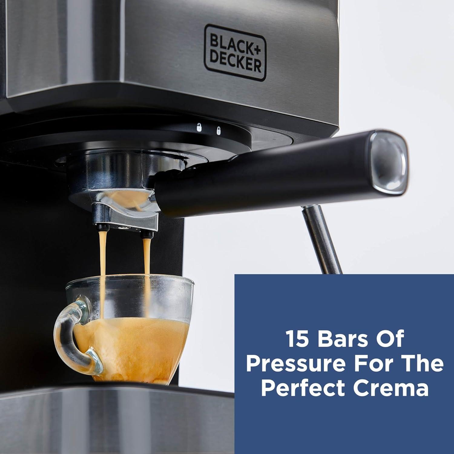 imageBlackDecker SemiAutomatic 15 Bar Espresso and Cappuccino Maker Versatile Machine with Ability to use Grounds or ESE Pods to Make Your Perfect Cup of Coffee