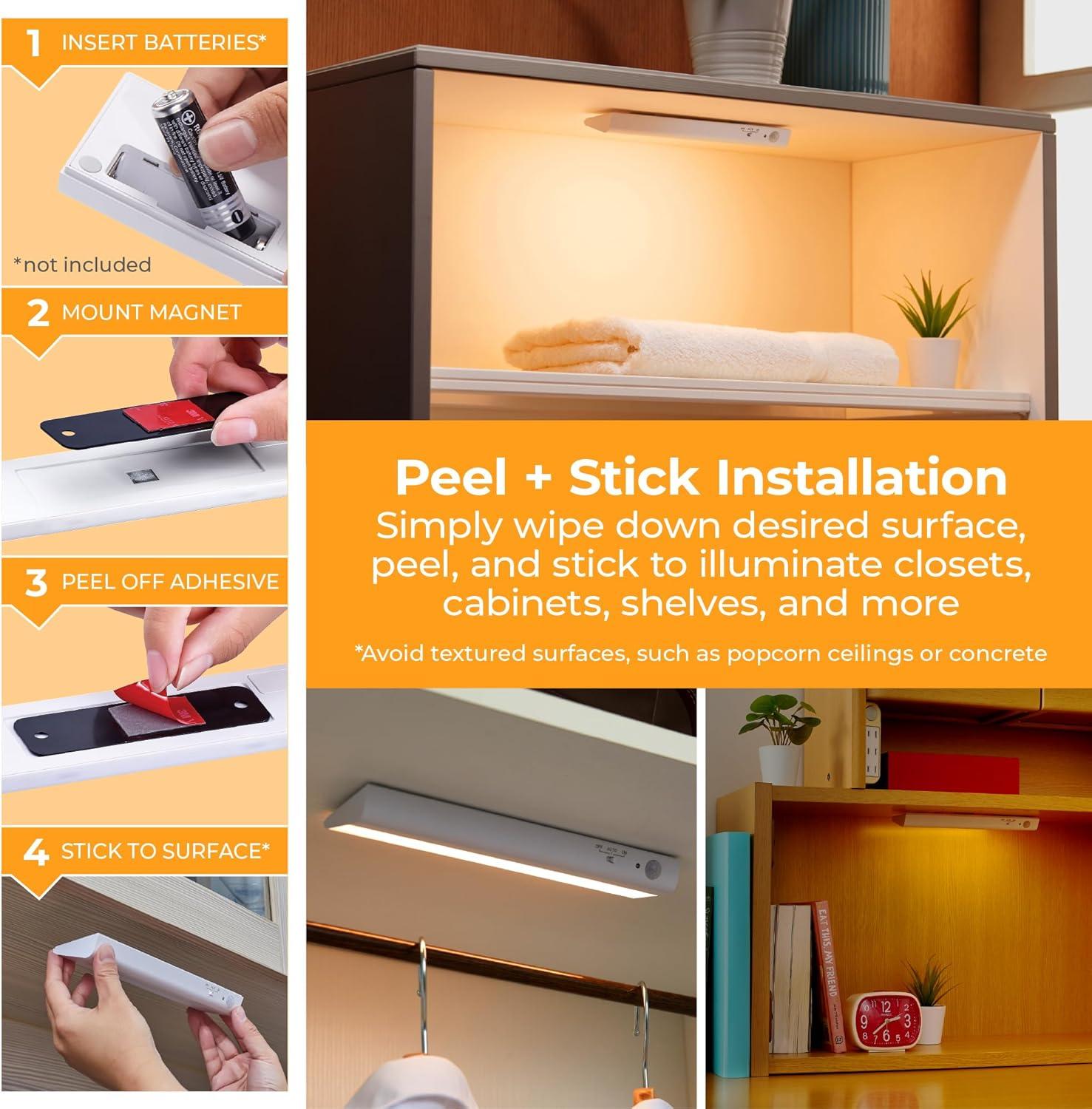 imagePureOptics LED Battery Operated Under Cabinet Lighting Motion Sensor OnOff Warm White LED StickOn Install for Kitchen amp Closets 2 Bars1 Bar