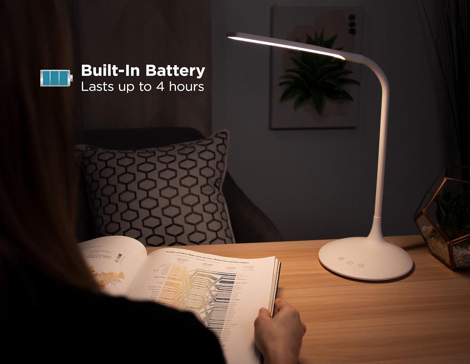 imagePureOptics LED VLED1820BD Battery LED Desk Lamp Dimmable with Adjustable Color Temperature 4 Hour Battery Life Rechargeable Reduces Eyestrain WhiteCircle Base