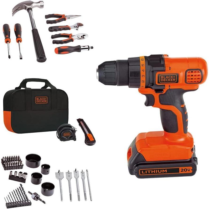 imageBLACKDECKER 20V MAX 68Piece Cordless Drill and Home Tool Project Kit with Tool Storage Bag LDX120PK20V Home Tool Kit