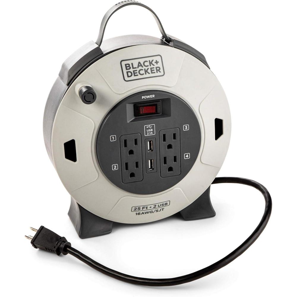 imageBLACKDECKER 25 Ft Retractable Extension Cord Reel with 4 Outlets 2 USB Ports MultiPlug Extension OnOff Switch amp HeavyDuty 16AWG SJT Cable25 Ft