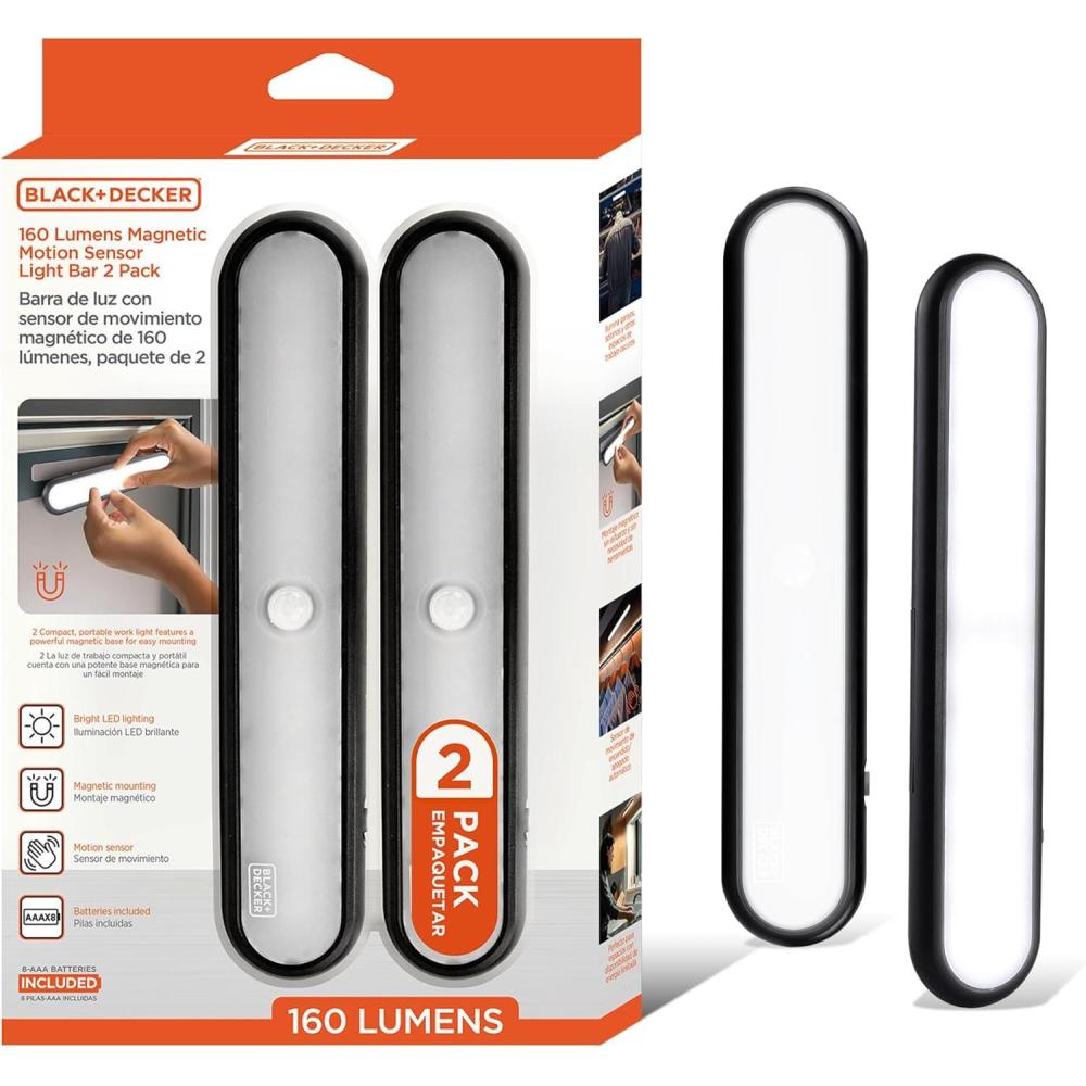 imageBLACKDECKER 2Pack LED Light Bars 160LM Touchless Motion Sensor Lights Magnetic Mount LED Strip Lights Battery Powered Slim Portable Lights for Closet Garage Shelf Indoor2Pack