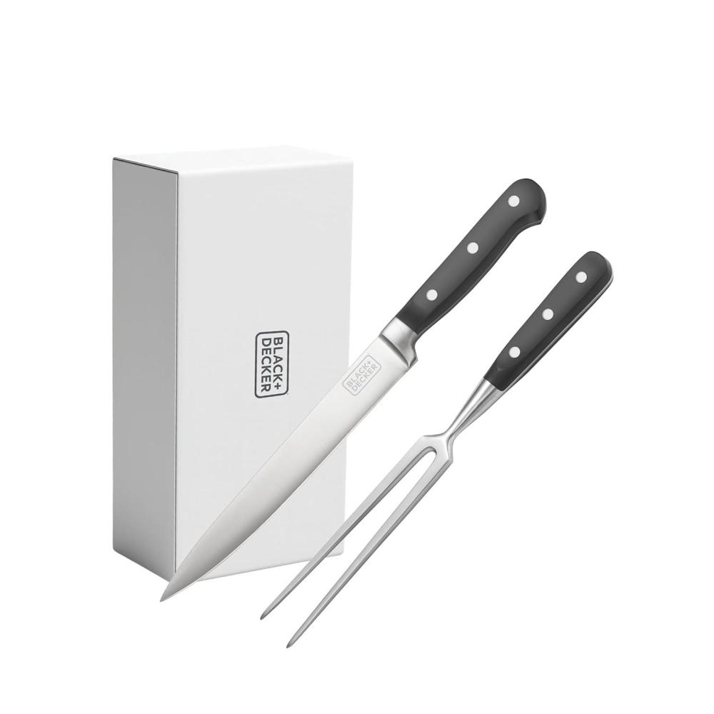 imageBLACKDECKER 2Piece Stainless Steel Carving Knife Set 8 Carving Knife amp 7 Fork Kitchen Knife with 3CR13 Stainless Steel Blade Meat Knife with Black ABS Handles Magnetic Gift Box for Storage