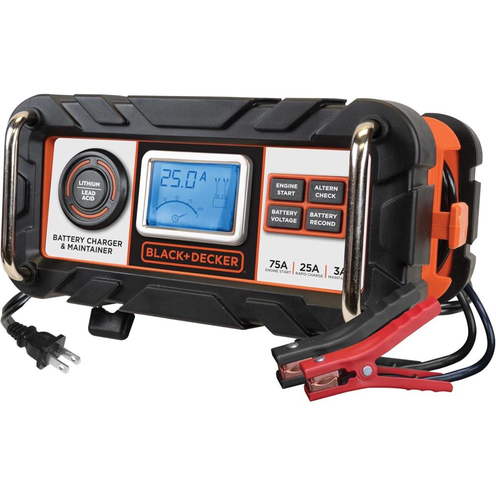 imageBLACKDECKER BC25BD Fully Automatic 25 Amp 12V Bench Battery ChargerMaintainer with 75A Engine Start Alternator Check Cable Clamps for Lead Acid Batteries25 Amp