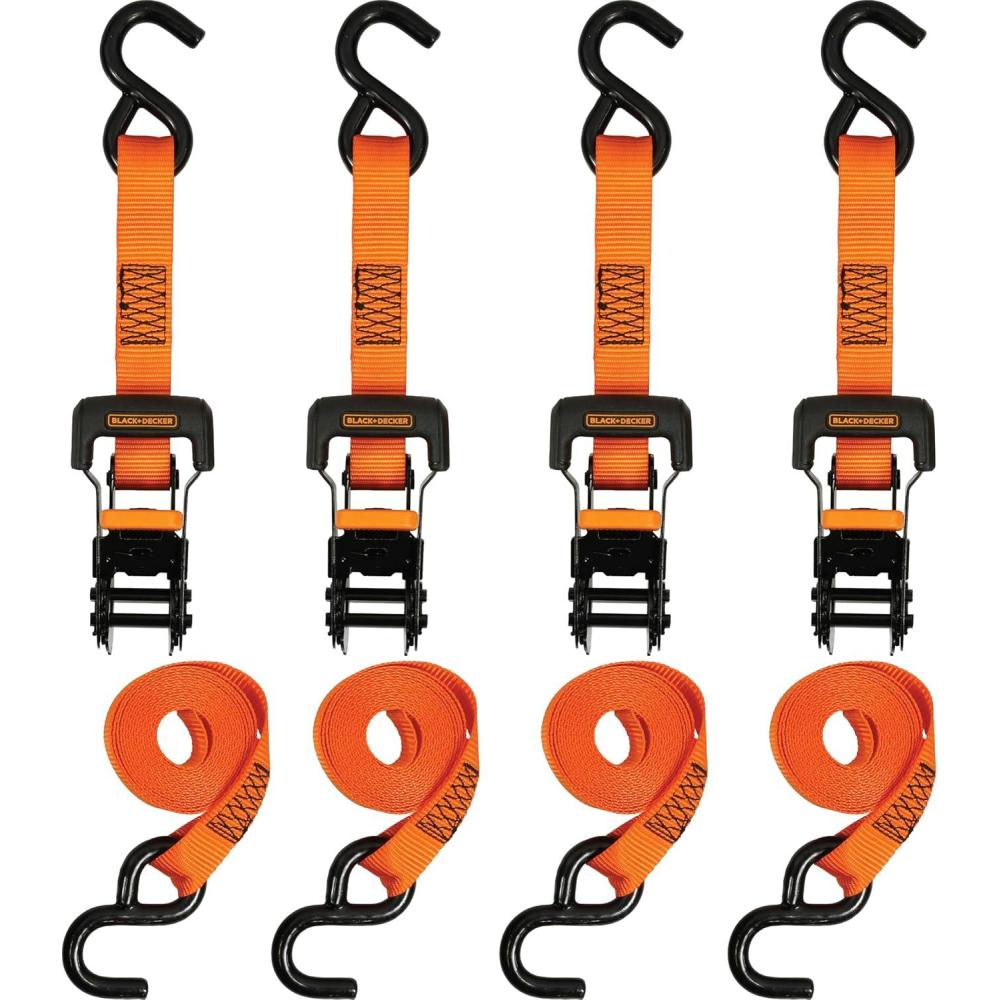 imageBLACKDECKER BD1005 BlackOrange 1 x 10 Ratchet Tie Down Straps 300 lb Safe Working Load 900 lb Break Strength 4 Pack1 x 10 Heavy Duty