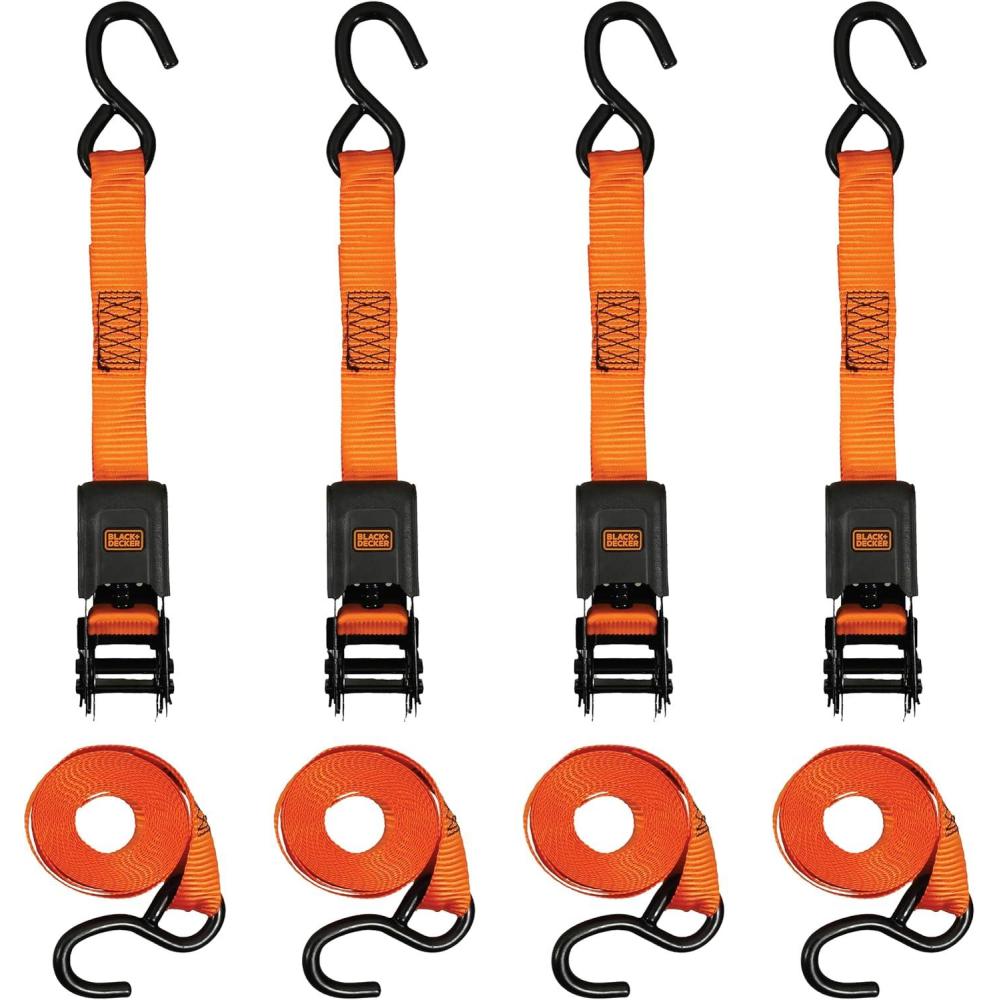 imageBLACKDECKER BD1005 BlackOrange 1 x 10 Ratchet Tie Down Straps 300 lb Safe Working Load 900 lb Break Strength 4 Pack1 x 12 Mid Duty