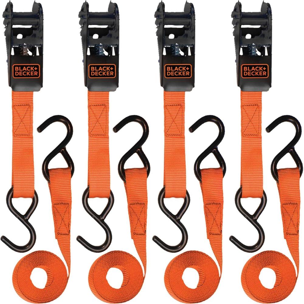 imageBLACKDECKER BD1005 BlackOrange 1 x 10 Ratchet Tie Down Straps 300 lb Safe Working Load 900 lb Break Strength 4 PackRatchet Tie Down Straps