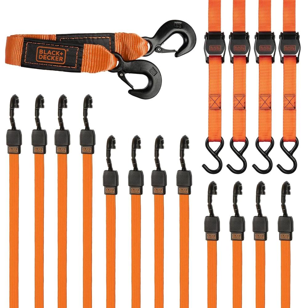 imageBLACKDECKER BDX1016 17Piece Tie Down Kit with 2 x 20 Tow Strap 1 x 10 Deluxe CamBuckle Straps and 24 36 48 Premium Flat Strap BungeesBDX1016