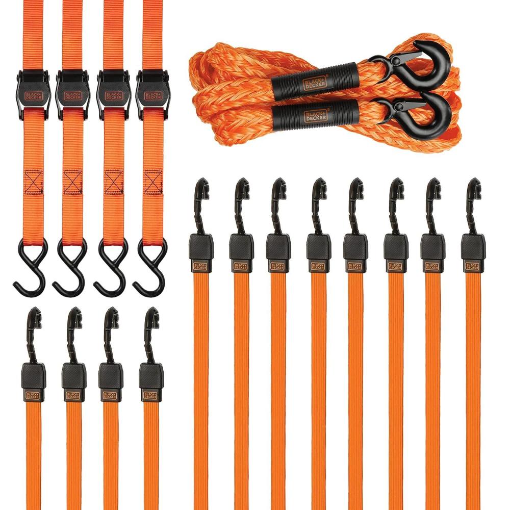 imageBLACKDECKER BDX1016 17Piece Tie Down Kit with 2 x 20 Tow Strap 1 x 10 Deluxe CamBuckle Straps and 24 36 48 Premium Flat Strap BungeesBDX1017