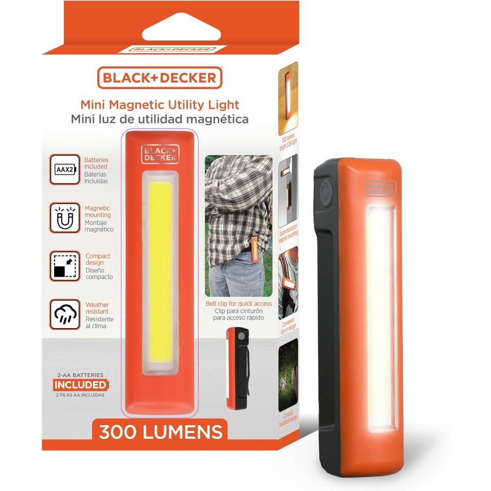 imageBLACKDECKER LED Work Light 300 Lumens AA BatteryPowered Utility Light 3 Brightness Levels amp SOS Mode 2 Magnet Mounts Pocket Clip Compact Lightweight amp Portable Weather Resistant 10 Hour PowerOne Pack