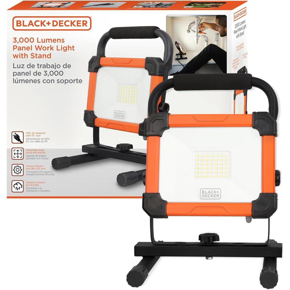 imageBLACKDECKER LED Work Light 3000 Lumens LED Panel Flood Light IP65 Waterproof Shock Resistant 120 Beam Angle ETL Certified Pivoting HStand Tripod Compatible Compact amp Portable 120V Plug