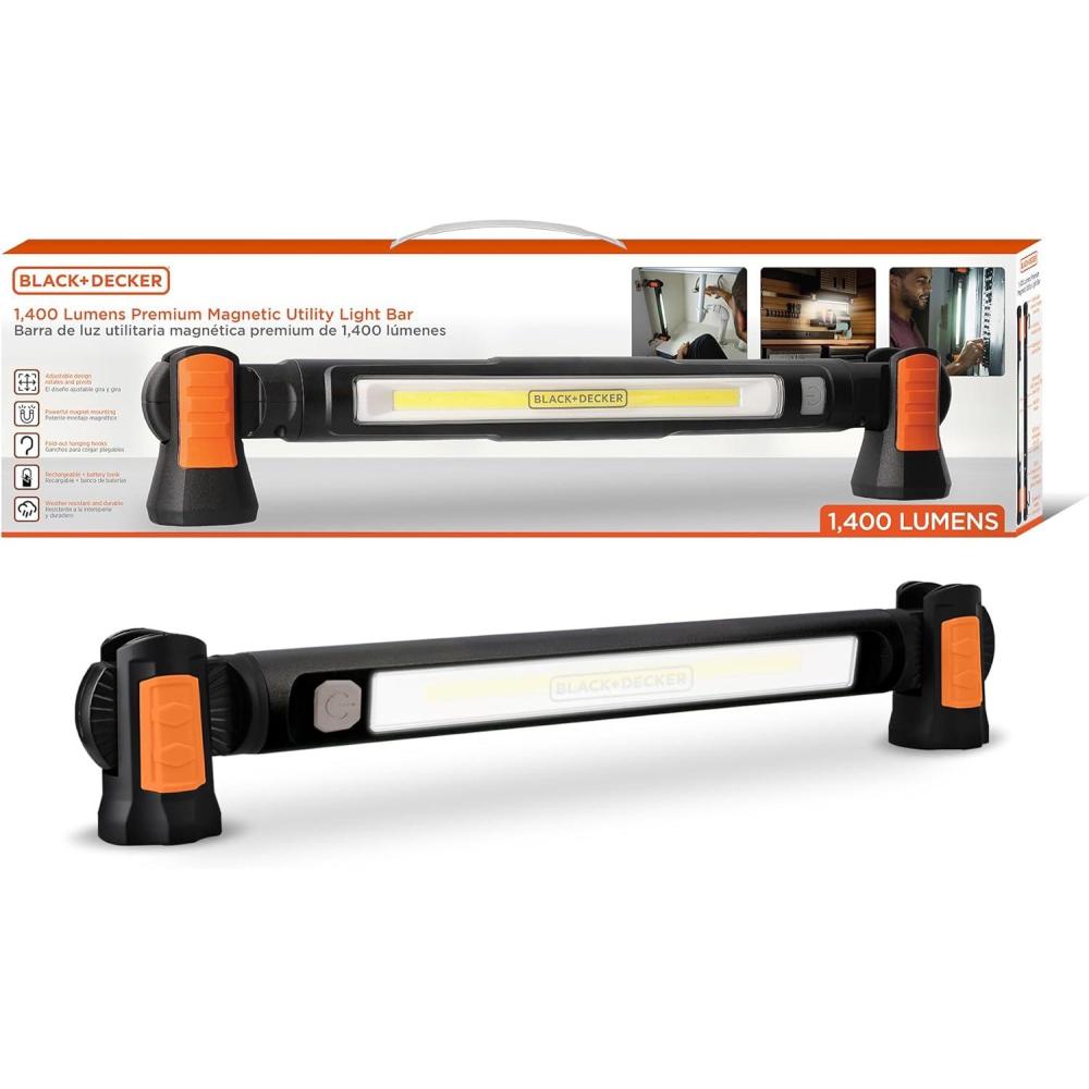 imageBLACKDECKER Magnetic LED Light Bar amp 2600mAh Power Bank Adjustable 1400 Lumens COB Utility Work Light 4 Modes 360 Rotation Dual Hooks IK07 ShockResistant IndoorOutdoor IP54 WeatherResistant