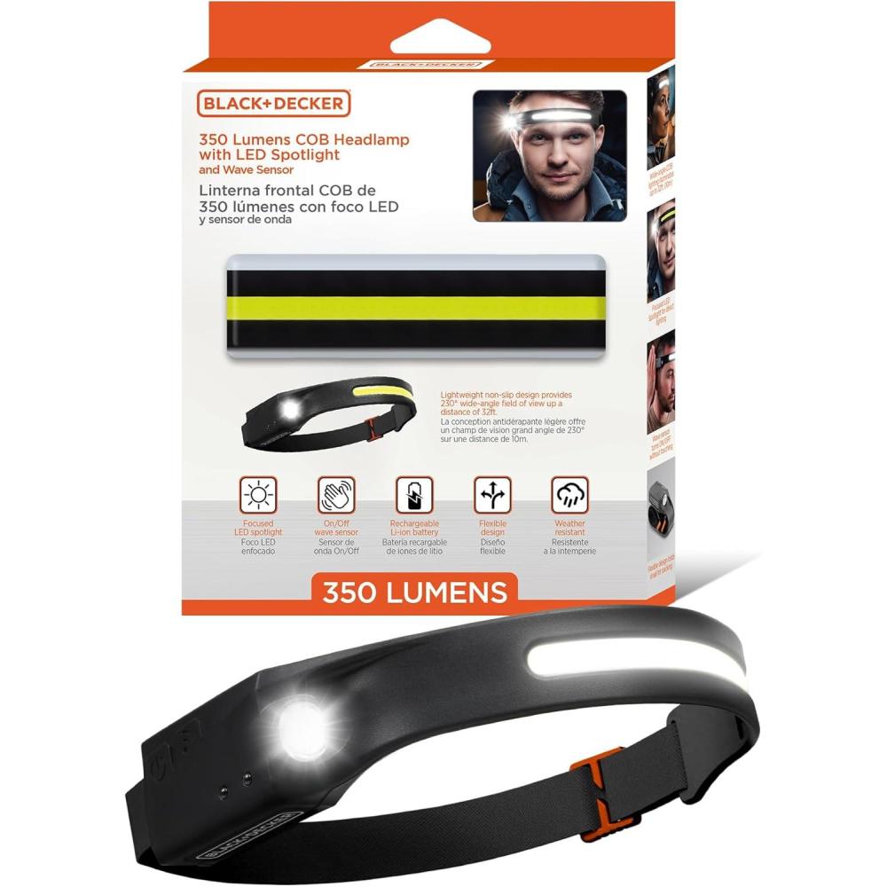 imageBLACKDECKER Rechargeable Headlamp with Flashlight amp Wave Sensor 350 Lumens LED 230 Wide Beam Head Light IP65 Waterproof 4 Brightness Settings amp SOS Mode Fits Over Helmets Head Lamp for CampingOne Pack
