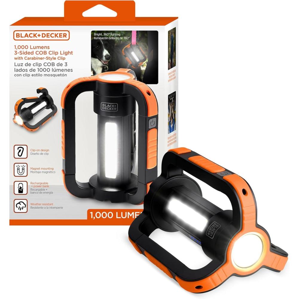 imageBLACKDECKER Rechargeable LED Flashlight amp 360 Lantern 1000LM IP65 Waterproof Light 8 Modes Emergency SOS Mode USBA Power Bank 18 Hour Light Carabiner Clip Magnetic for Blackouts amp Camping