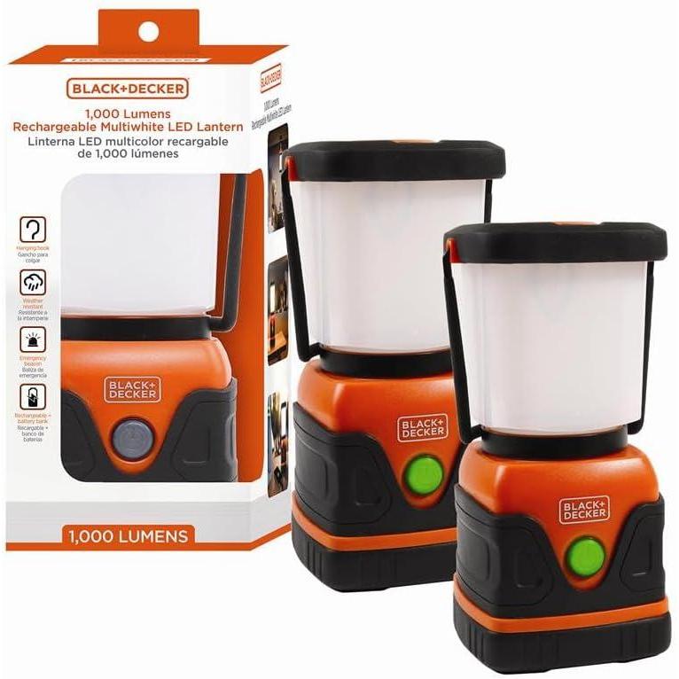 imageBLACKDECKER Rechargeable LED Lantern amp 400mAh Power Bank 1000 Lumens 360 Flashlight for Camping amp Power Outage SOS Mode 12 Hour Power Multiwhite 7 Modes IP44 WeatherResistant Folding HookTwo Pack