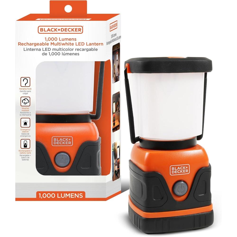 imageBLACKDECKER Rechargeable LED Lantern amp 400mAh Power Bank 1000 Lumens 360 Flashlight for Camping amp Power Outage SOS Mode 12 Hour Power Multiwhite 7 Modes IP44 WeatherResistant Folding HookOne Pack