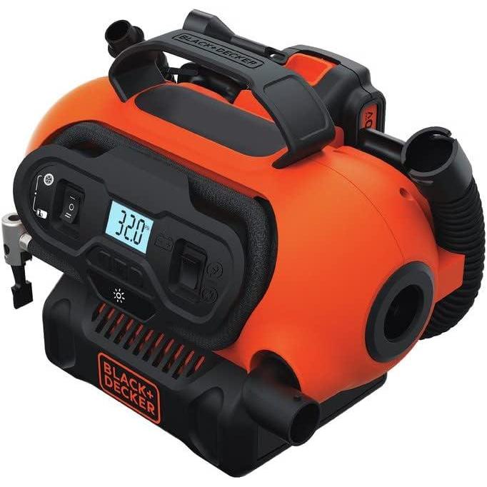 imageBLACKDECKER Tire Inflator Portable Air Compressor Air Pump for Inflatables 3 Modes Electric Outlet 12V Car Adapter and Cordless 20V MAX Battery Sold Separately BDINF20C20V Max Cordless Inflator