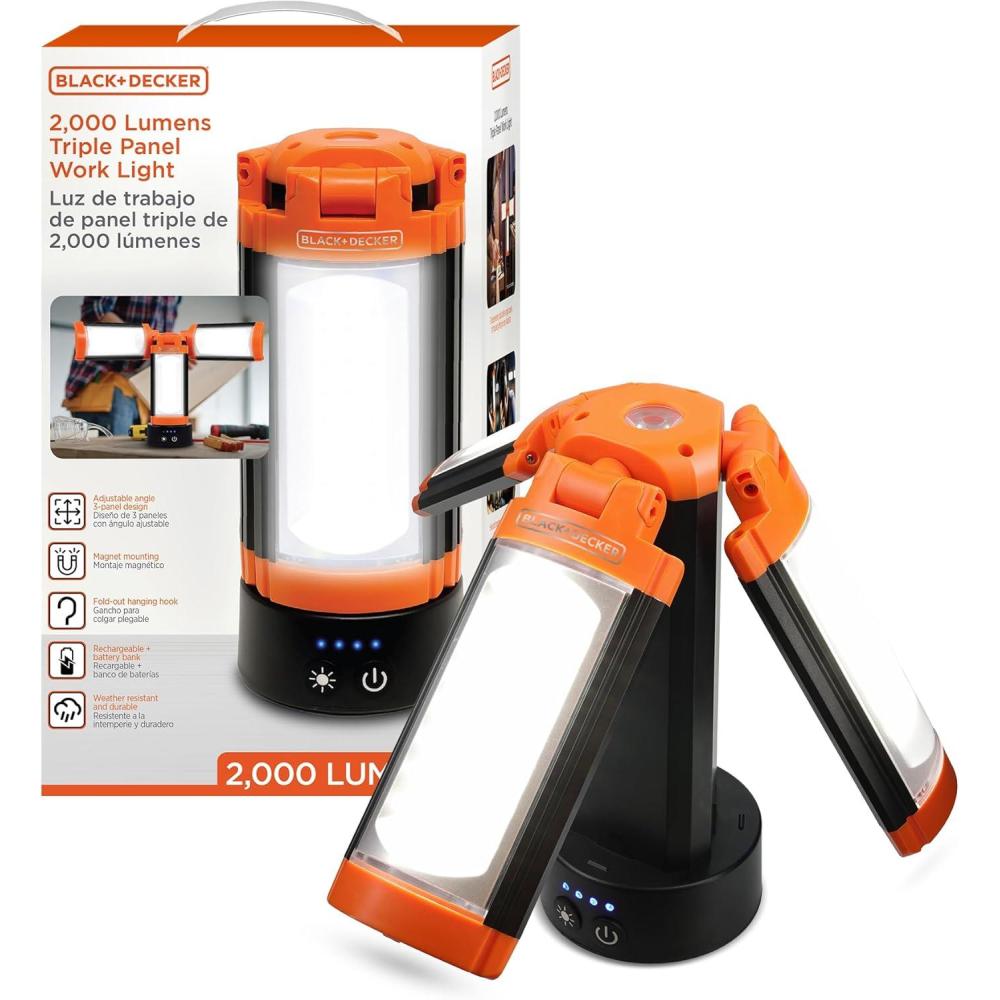 imageBLACKDECKER Utility Light Rechargeable 2000 Lumens LED 3 Panel Work Light with 6000mAh Battery Bank amp Flashlight 3 Light Colors 4 SOS Modes Dimmable IP44 WaterResistant Magnetic amp Hook Mount
