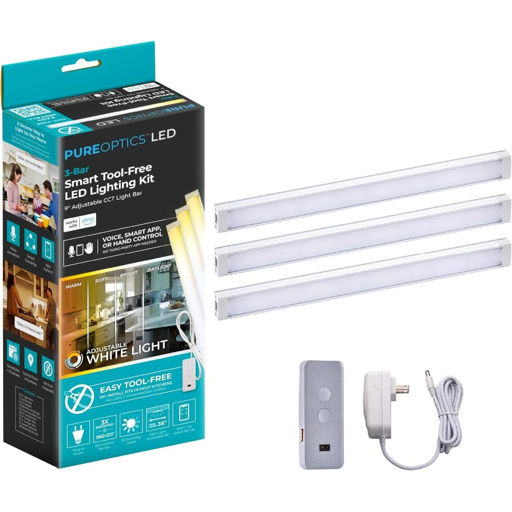 imagePureOptics LED Works with Alexa Smart Under Cabinet Lighting Adjustable LEDs 24 Bar White9 3bar