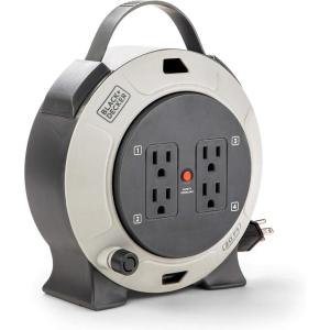 BLACK+DECKER 25 Ft. Retractable Extension Cord Reel with 4 Outlets, 2 USB Ports, Multi-Plug Extension, On/Off Switch & Heavy-Duty 16AWG SJT Cable(20 ft)