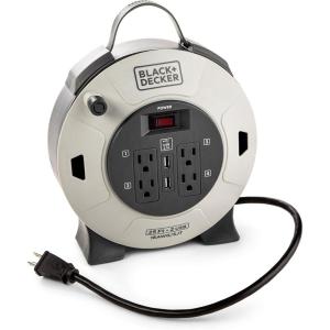 BLACK+DECKER 25 Ft. Retractable Extension Cord Reel with 4 Outlets, 2 USB Ports, Multi-Plug Extension, On/Off Switch & Heavy-Duty 16AWG SJT Cable(25 Ft)