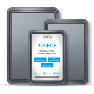 BLACK+DECKER 3-Piece Carbon Steel Baking Sheet Set, Includes 13”, 15”, 17” Cookie Sheets for Baking, 0.4mm Carbon Steel Baking Pans Set with Ceramic Non-Stick Coating, PFOA & PTFE Free, Black Finish(3-Piece)