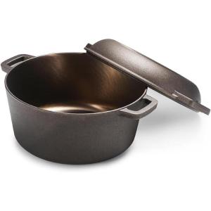 BLACK+DECKER 5-Quart Cast Iron Dutch Oven with 10.25-Inch Skillet Lid, Pre-Seasoned Cast Iron Cookware with Bronze Finish & Polished Interior, Works on All Cooktops Including Induction, Oven & Grill Safe, BDK202BR, Bronze(Dutch Oven)