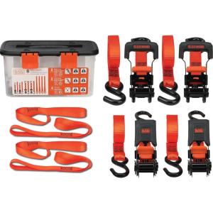 BLACK+DECKER BD1005 Black/Orange 1″ x 10′ Ratchet Tie Down Straps – 300 lb Safe Working Load / 900 lb Break Strength, 4 Pack(8-Piece Kit)